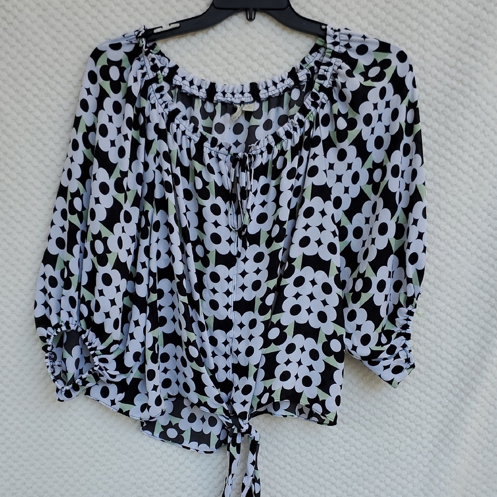 Cato Black, White & Green Floral Tie-Front Blouse